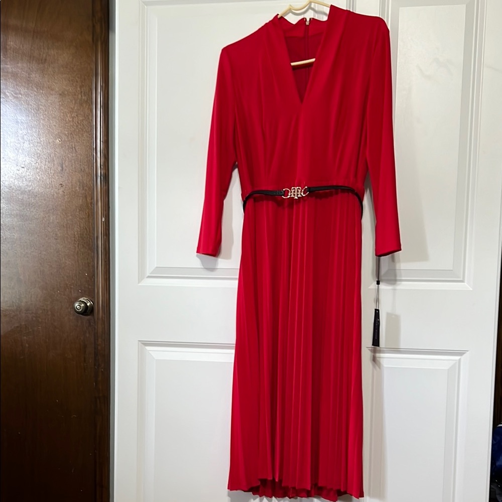 Tommy Hilfiger Red Wrap Pleated Long Sleeve Dress